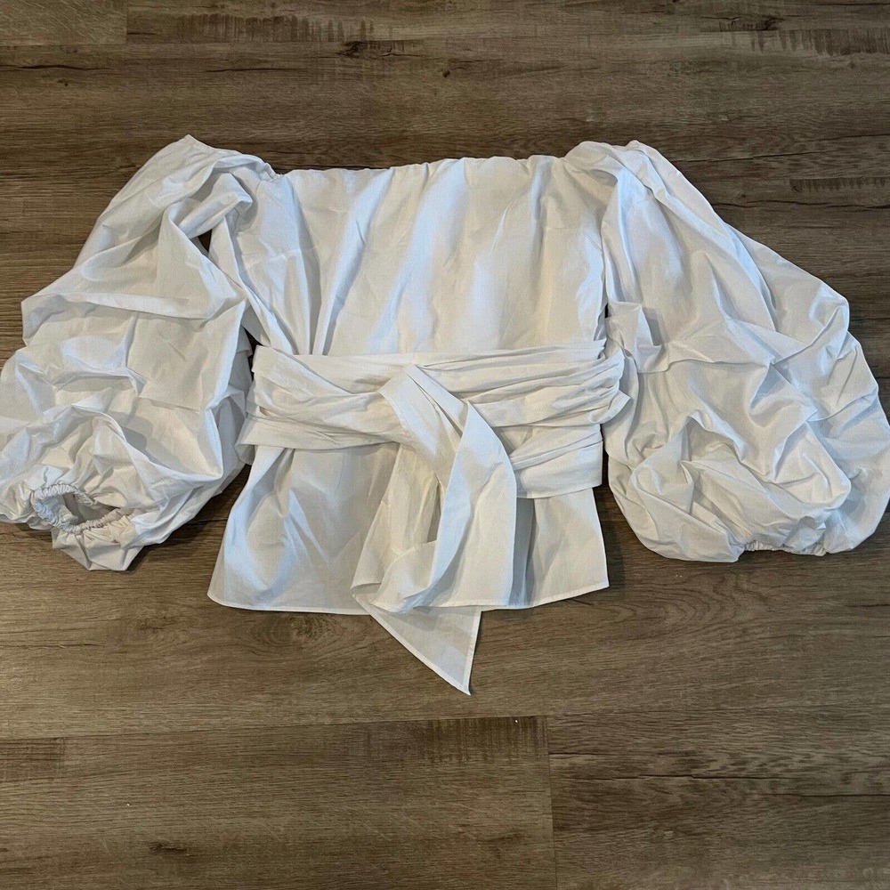 Forever 21 Size S White Off Shoulder Woven Wrap Crop Top Ruched Balloon Sleeve
